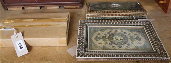 Persian watercolour on ivory in inlaid frame, Persian inlaid painted box plaque & white metal mounted & an Islamic prayer book